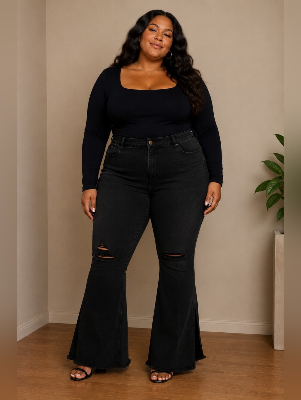 Distressed Bell Bottom Black Stretch Jeans Size XXL